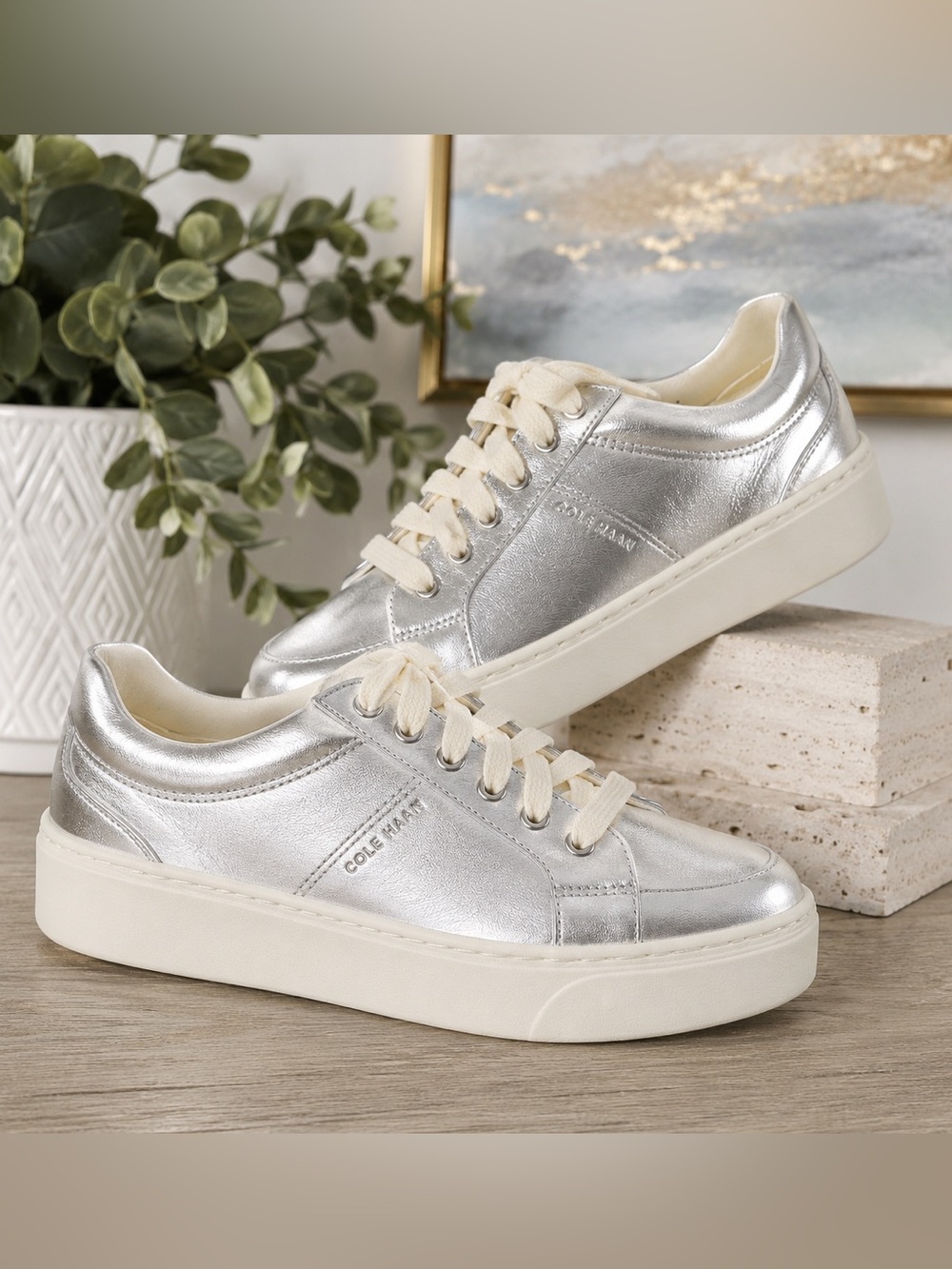 Cole Haan GrandPrø Topspin Metallic Silver Leather Platform Sneakers 8.5 #14